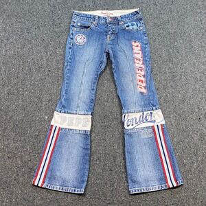 Pepe Jeans London Flare Pants Sz 7 Girls Blue Y2K Skater Graphic Side Stripe